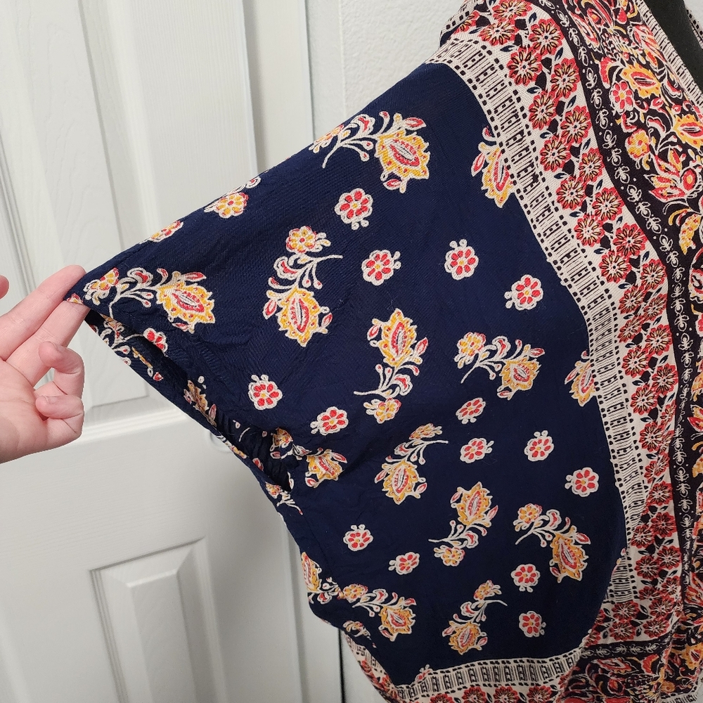 Angie Navy Blue & Orange Paisley Floral Kimono Sleeve Cardigan - Picture 3 of 7